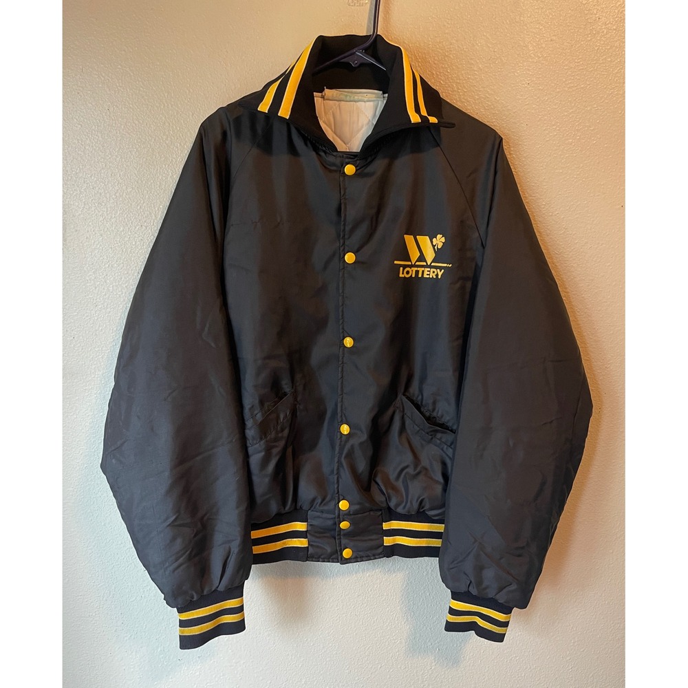 Vintage Holloway Lottery Satin Varsity Jacket Black Yellow Snap Front USA‎ Made